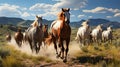 Horse herd run in desert sand storm against dramatic sky. generative ai Royalty Free Stock Photo