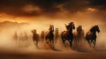 Horse herd run in desert sand storm against dramatic sunset sky Royalty Free Stock Photo