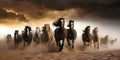 Horse herd run in desert sand storm against dramatic sunset sky Royalty Free Stock Photo