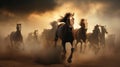 Horse herd run in desert sand storm against dramatic sunset sky Royalty Free Stock Photo