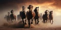 Horse herd run in desert sand storm against dramatic sunset sky Royalty Free Stock Photo