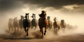 Horse herd run in desert sand storm against dramatic sunset sky Royalty Free Stock Photo