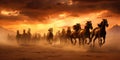Horse herd run in desert sand storm against dramatic sunset sky Royalty Free Stock Photo