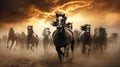 Horse herd run in desert sand storm against dramatic sunset sky Royalty Free Stock Photo