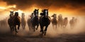 Horse herd run in desert sand storm against dramatic sunset sky Royalty Free Stock Photo