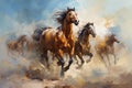 Horse herd run gallop in desert dust against dramatic sky Royalty Free Stock Photo