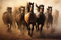 Horse herd run gallop in desert dust against dramatic sky Royalty Free Stock Photo