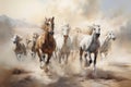 Horse herd run gallop in desert dust against dramatic sky Royalty Free Stock Photo