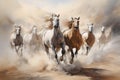 Horse herd run gallop in desert dust against dramatic sky Royalty Free Stock Photo