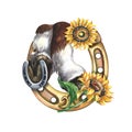 Horse hooves with horseshoe and sunflowers. Watercolor illustration. For printing, stickers and labels. Royalty Free Stock Photo