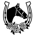 Horse And Horseshoe Sign Silhouette With Flowers Illustration Isolated On White For Print Or Design. Vector Farm Cowboy Rodeo