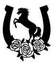 Horse and horseshoe sign silhouette with roses flowers illustration isolated on white for print or design. Vector Farm cowboy rode