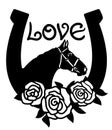 Horse and horseshoe sign silhouette with roses illustration isolated on white for print or design. Vector Farm cowboy rodeo Royalty Free Stock Photo