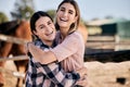 Horse, hug and portrait of women with saddle for animal care, farm pet and embrace on ranch. Farming, countryside and Royalty Free Stock Photo