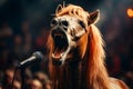 Horse with its mouth open and microphone in front of it. Generative AI