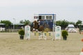 Equitation contest, horse jumping over obstacle