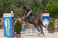 Horse passing over a obstacle at a equitation contest 