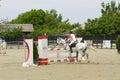 Equitation contest, horse jumping over obstacle Royalty Free Stock Photo