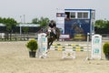 Equitation contest, horse jumping over obstacle