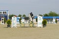 Equitation contest, horse jumping over obstacle