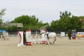 Equitation contest, horse jumping over obstacle