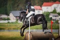 Horse jumping during horse eventing cross-country in the morning in summer