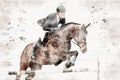 Horse jumping impressions in watercolor