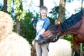 Horse kisses her owner- young lady`s hand.