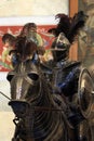 A horse and a knight dressed in blued armor. Close-up