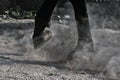 Horse legs in grey dust, detail of horse hoof in dusty gravel. Horse in motion
