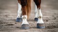 Horse legs and hooves. The horse stands on the sand. Macro photography. Copy space. Horizontal format