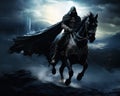 The horse lord of the rings is being ridden by a dark rder.