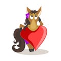 Horse in love rests on the heart. Funny character. Pets. Children`s illustration.