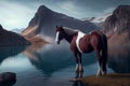 Horse near mountain lake. AI Generated Royalty Free Stock Photo