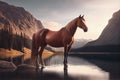 Horse near mountain lake. AI Generated Royalty Free Stock Photo