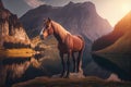 Horse near mountain lake. AI Generated Royalty Free Stock Photo