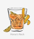 Horse neck cocktail. Orange cocktail ice cubes lemon zest spiral orange slice brandy.