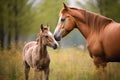 a horse nuzzling its foal in a pasture
