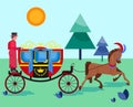 Horse old retro carriage with coachman in nature park vector illustration. Festive decorated horse animal and royal Royalty Free Stock Photo