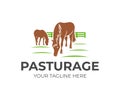 Horse pasture with fence, logo design. Animal, pet, farm and nature, vector design. Farming, agriculture, agricultural and cattle