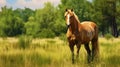 A horse on a pasture grazing in tall grass