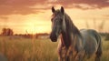 Horse in pasture with sunset in the background close-up. Generative AI. Royalty Free Stock Photo