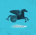 Horse With Pegasus Wings And Mermaid Tail Hippocampus. Mythology Creature Illustration On Grunge Rough Background