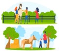 Horse people, walk for walk animal, man vigorous activity, rider pet, beautiful view, design, in cartoon style vector Royalty Free Stock Photo