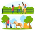 Horse people, walk for walk animal, man vigorous activity, rider pet, beautiful view, design, in cartoon style vector Royalty Free Stock Photo