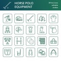 Horse polo flat line icons. Vector illustration of horses sport game, equestrian equipment - saddle, leather boots Royalty Free Stock Photo