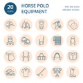 Horse polo flat line icons. Vector illustration of horses sport game, equestrian equipment - saddle, leather boots Royalty Free Stock Photo