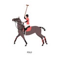 Horse polo flat vector illustration. Game, performance, equestrian sport competition. Polo player riding horse cartoon Royalty Free Stock Photo