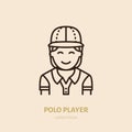 Horse polo player in shirt and helmet flat line icon. Logo for equestrian club, horserace equipment store