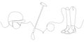 Horse polo set with hammer mallet, ball, helmet and boots one line art. Continuous line drawing horseback riding, sport